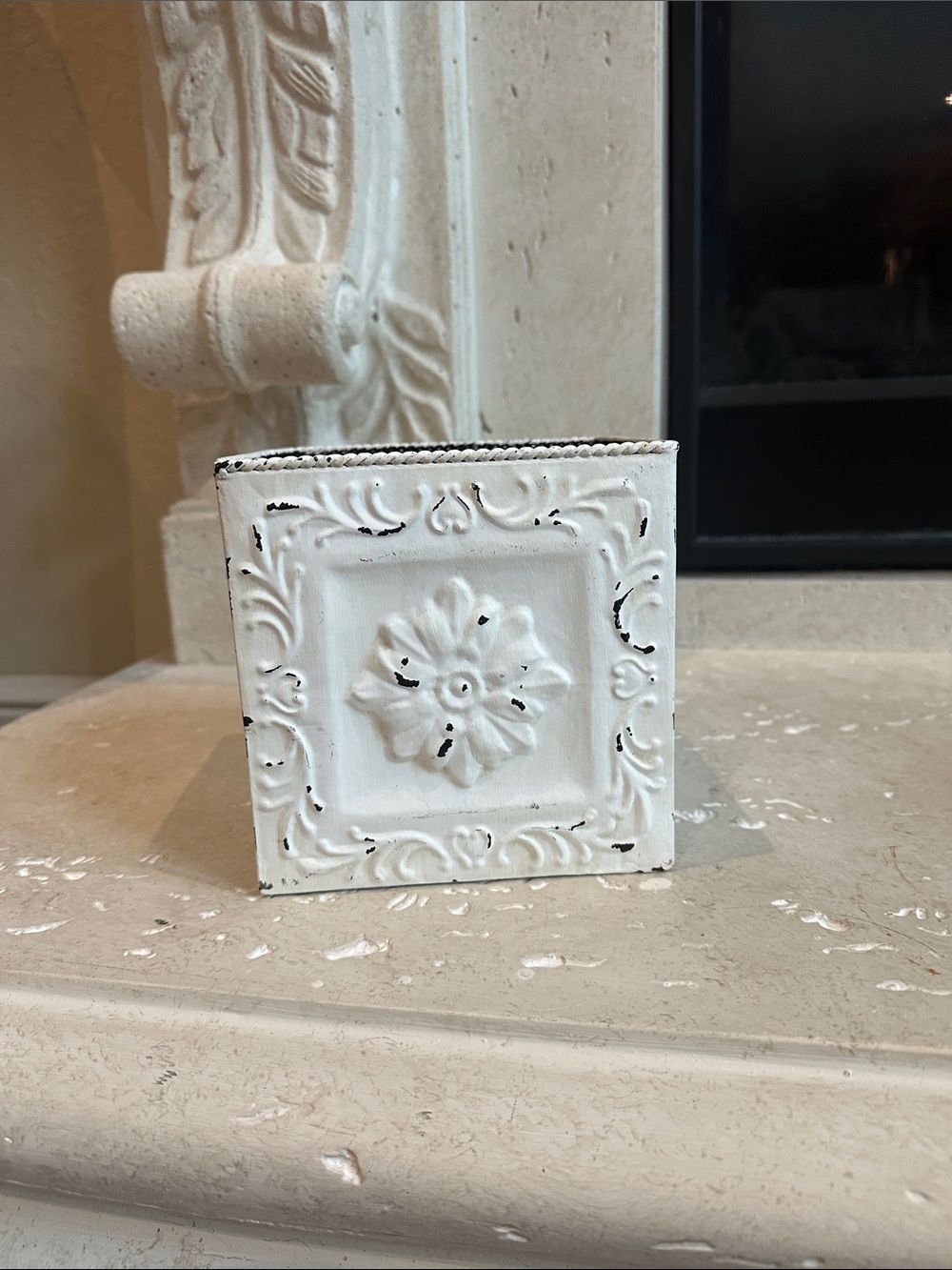 White Distressed Decorative Floral Tin Box